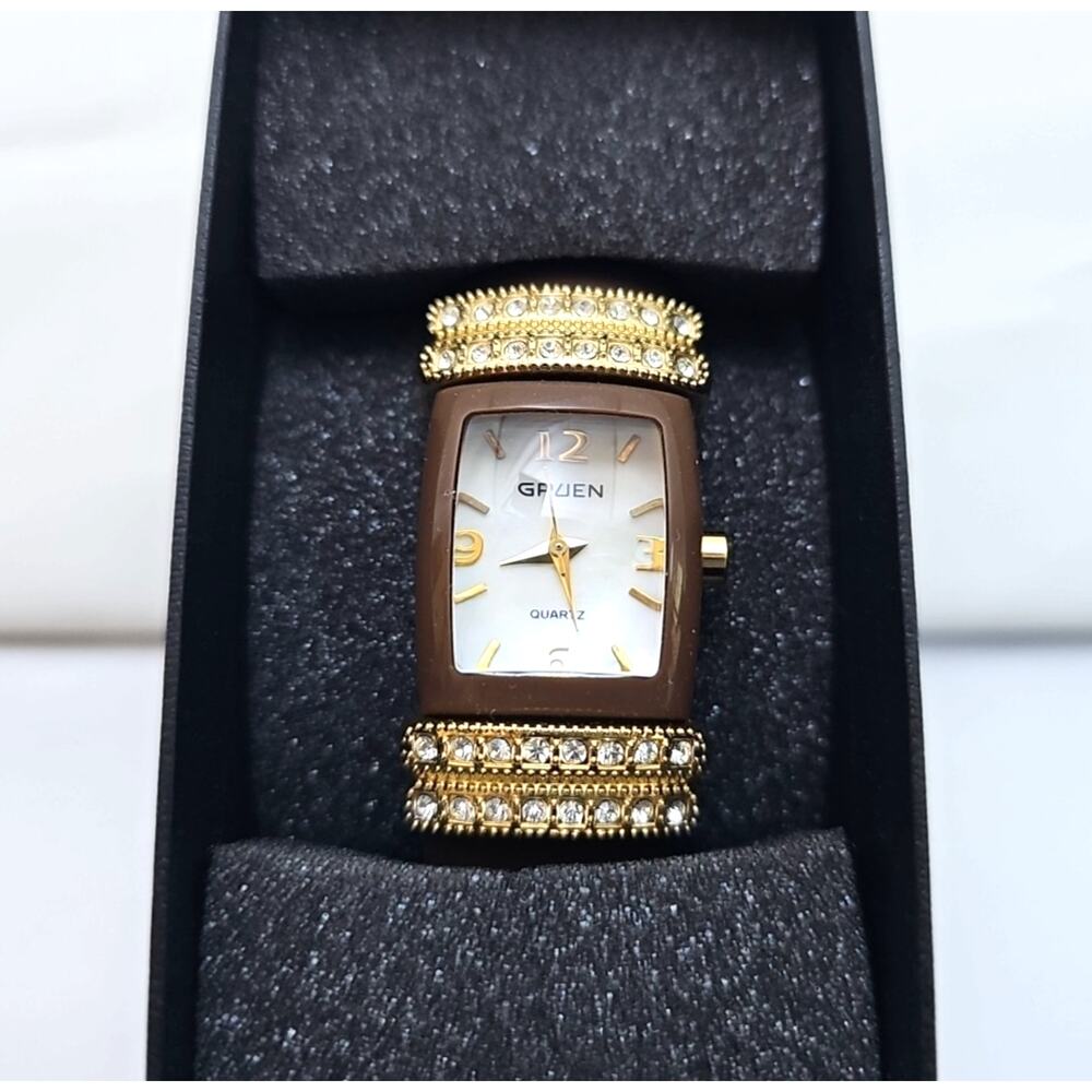 Gruen Womens Wrist Watch Brown Hard Bracelet Band Gold Details White Face Quartz